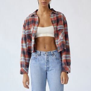 BDG Joey Flannel Cropped Button Down Shirt Womens S Red Plaid Urban Outfitters